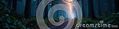 Camera follows lightning illuminating dark forest path, forest, night Stock Photo