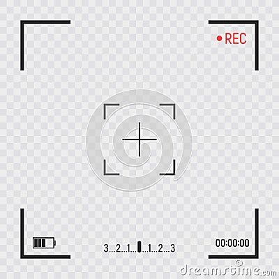 Camera frame viewfinder screen. Video recorder digital display with photo camera frame on transparent background. Vector illustrat Cartoon Illustration