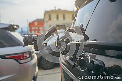 Camera gimbal on the car steadicam keeps on suckers on the auto car Stock Photo