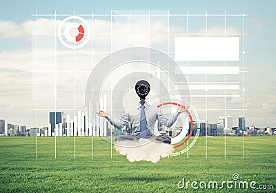 Camera headed man sitting in lotus pose on cloud against modern Stock Photo