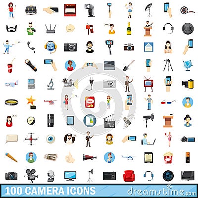 100 camera icons set, cartoon style Vector Illustration