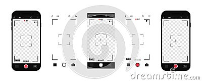 Camera interface in phone screen. Photo, video ui in cellphone. App for record from mobile cam. Viewfinder, grid, focus, button Vector Illustration