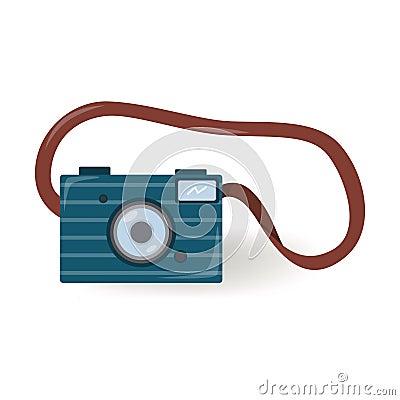 Camera on a leather strap in a flat style. Small camera with flash, dark blue, isolated on a white background. Color Vector Illustration