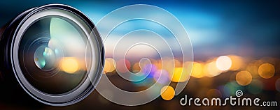 Camera lens with lens reflections. Media and technology concept background. Stock Photo