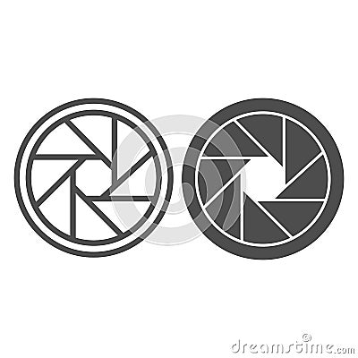 Camera lens shutter aperture, SLR camera line and solid icon, CCTV concept, shutter blades vector sign on white Vector Illustration