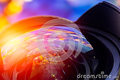 Camera lens super wide angle curve front glass lens colorful reflection Stock Photo