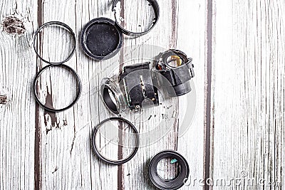 Camera lens unmade and broken with many glasses Stock Photo