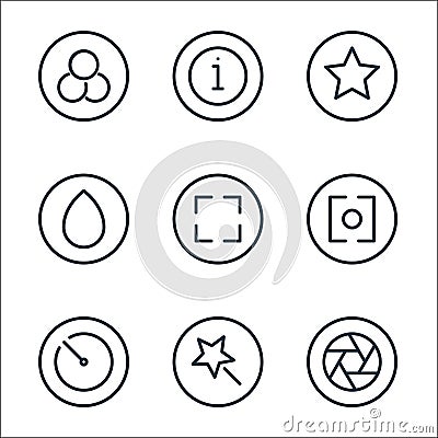 camera line icons. linear set. quality vector line set such as lens, beauty, timer, lens, camera, brush, star, about Vector Illustration
