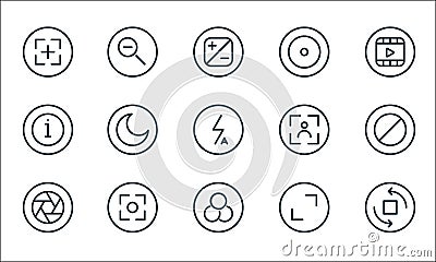 Camera line icons. linear set. quality vector line set such as rotate camera, filter, lens, full screen, camera, about, record, Vector Illustration