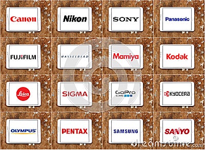 Camera manufacturers canon , nikon , sony , panasonic , fujifilm , hasselblad , mamiya , kodak , leica , sigma , gopro , kyocera Editorial Stock Photo