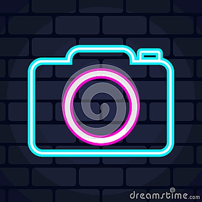 Camera neon icon on brick wall Vector Illustration