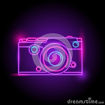 Camera neon logo. glow in the dark. electric theme season. party night club. Vector Illustration