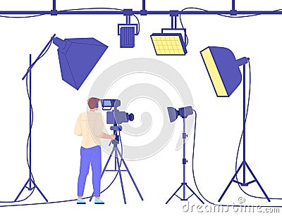 Camera operator equipment. Cameraman recording movie backstage, professional cinematographer in headphones, videocamera Vector Illustration