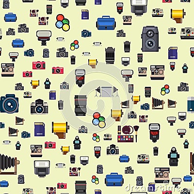 Camera photo optic lenses seamless pattern objective retro photography equipment professional look vector illustration Vector Illustration