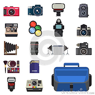 Camera photo optic lenses set different types objective retro photography equipment professional look vector Vector Illustration