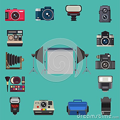 Camera photo optic lenses set different types objective retro photography equipment professional look vector Vector Illustration