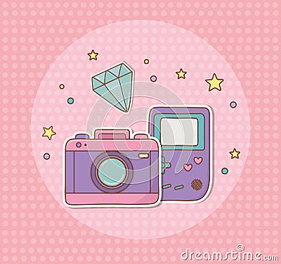 Camera photographic and video game stickers kawaii Vector Illustration