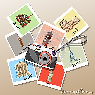 Camera with photographs of global landmarks Vector Illustration