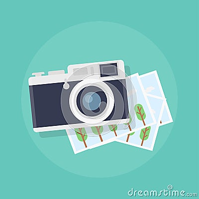 Camera with photos vector flat illustration Vector Illustration