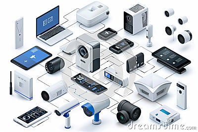 Camera protection in urban environments sets up connected devices for secure operations, integrating Security configurations with Cartoon Illustration
