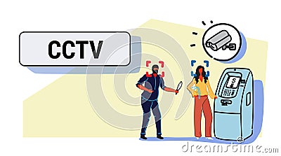 Camera recording masked thief with knife dangerous robber attacking woman withdrawing money from ATM surveillance system Vector Illustration