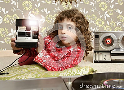 Camera retro photo little girl in vintage room Stock Photo