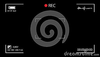 Camera screen with white frame, figures and battery symbol. Camcorder viewfinder on black background. Vector Illustration