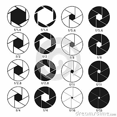 Camera shutter aperture icons set. Monochrome diagrams collection Vector Illustration