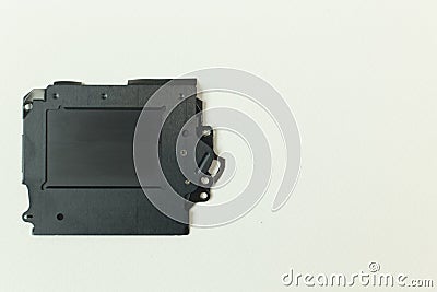 The camera shutter equipment on white paper for background. Stock Photo