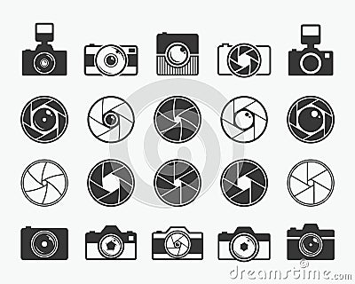 Camera shutter, lenses and photo camera icons Vector Illustration