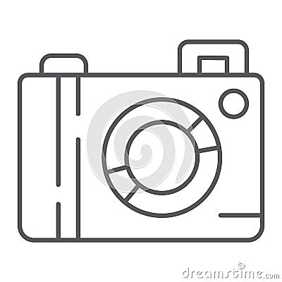 Camera thin line icon, lens and photo, photocamera sign, vector graphics, a linear pattern on a white background. Vector Illustration