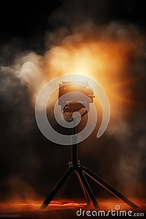 A camera on a tripod emitting smoke. This unique image can add an intriguing element to any creative project Stock Photo