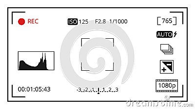 Camera viewfinder focusing screen display with photo control icons vector template Vector Illustration