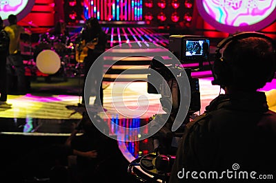 Studio Live Show, TV Camera Viewfinder, Cameraman Silhouette Stock Photo