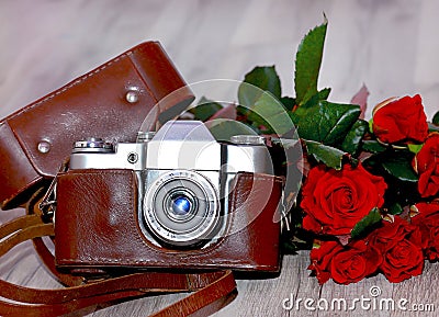 Vintage camera and red roses Stock Photo