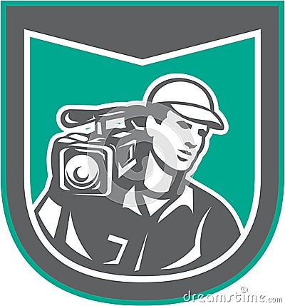 Cameraman Film Crew HD Camera Video Shield Retro Vector Illustration