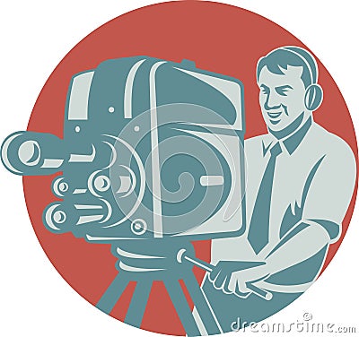 Cameraman Filming With Vintage TV Camera Vector Illustration