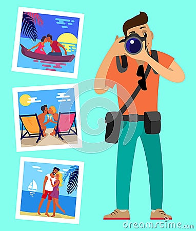 Cameraman and His Works Pictures of Merry Couples Vector Illustration