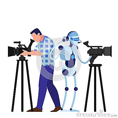 Cameraman and robot shooting movie. Video equipment Vector Illustration