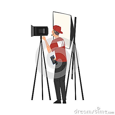 Cameraman Shooting with Professional Video Camera on Tripod, Television Industry Concept Cartoon Style Vector Vector Illustration