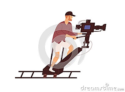 Cameraman shooting on tracking dolly system for zooming. Video operator and camera moving on rails during film-making Vector Illustration