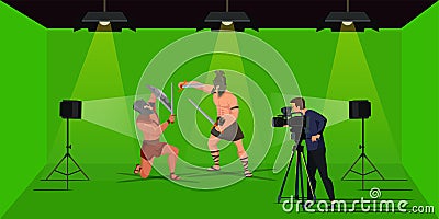 Cameraman shooting video scene with warrior actors Vector Illustration