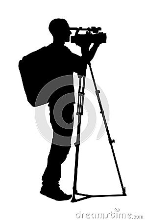 Cameraman silhouette with video camera on event, concert, sport match, isolated on background. Reporter . Cartoon Illustration