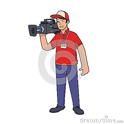 Cameraman, videographer. The man with the video camera. Cartoon vector illustration isolated on white background. Vector Illustration