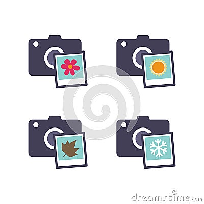 Cameras with different season photos. Color icon group Vector Illustration