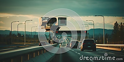 Cameras and speed control radars along a busy highway monitor and record speeding violations. Generative AI Stock Photo