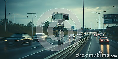 Cameras and speed control radars along a busy highway monitor and record speeding violations. Generative AI Stock Photo