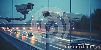 Cameras and speed control radars along a busy highway monitor and record speeding violations. Generative AI Stock Photo