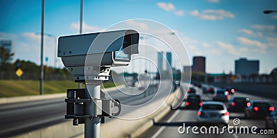 Cameras and speed control radars along a busy highway monitor and record speeding violations. Generative AI Stock Photo