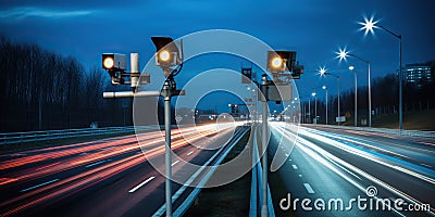 Cameras and speed control radars along a busy highway monitor and record speeding violations. Generative AI Stock Photo
